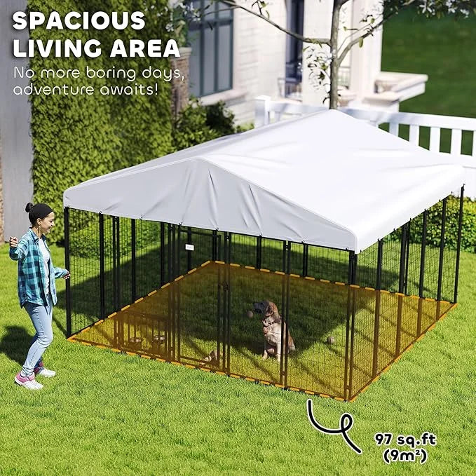 PawHut 9.8' x 9.8' x 6.8' Outdoor Dog Kennel, Welded Wire Heavy Duty Dog Run with 360° Rotating & 4 Level Adjustable Bowls...