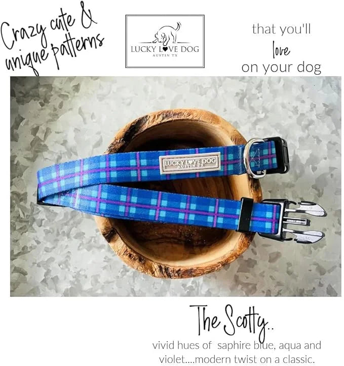 Lucky Love Dog, Blue and Violet Plaid Dog Collar, Adjustable & Comfy Collar for Boy and Girl Dog, Easy On & Off Clasp Acce...