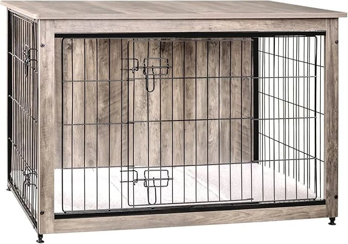 DWANTON Dog Crate Furniture with Cushion, Wooden Kennel Table with Double Doors, Indoor Dog House, Large Size, 38.5" L, Gr...
