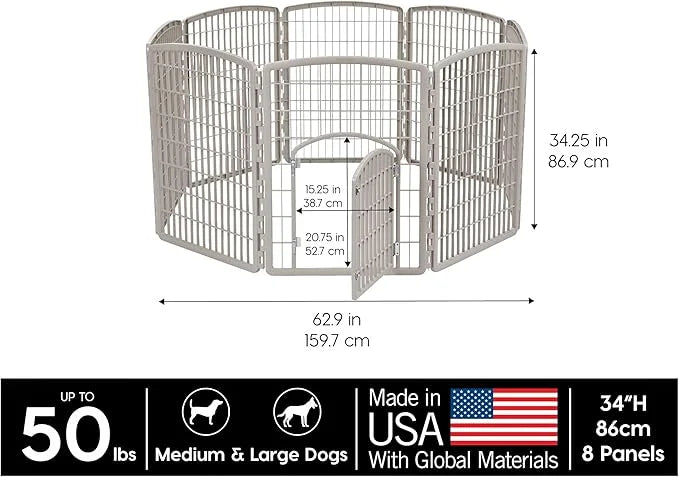 IRIS USA Dog Playpen, 8-Panel 34" Pet Playpen with Door, Puppy Playpen, Indoor/Outdoor Dog Pen, 63 x 63 x 34, Foldable, Cu...
