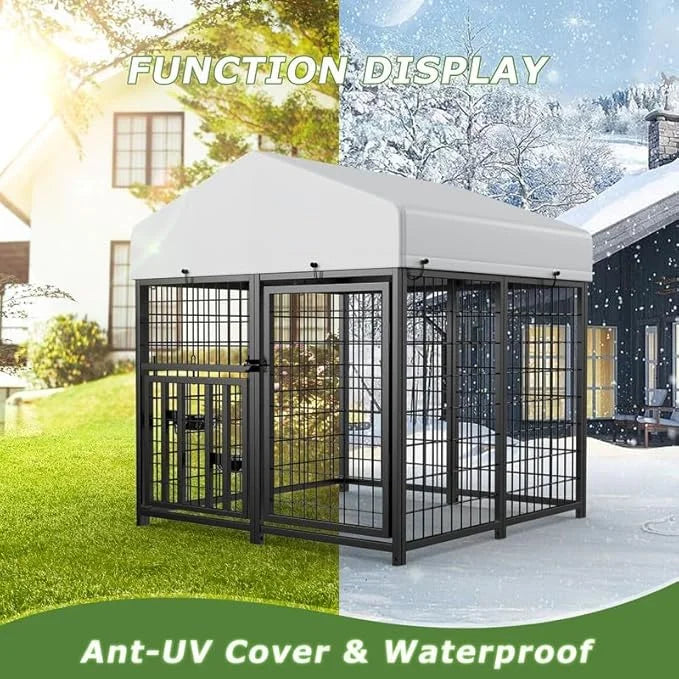 Large Dog Kennel Outdoor Pet Pens Dogs Run Enclosure Animal Hutch Metal Coop Fence with Rotating Bowl - Product Image