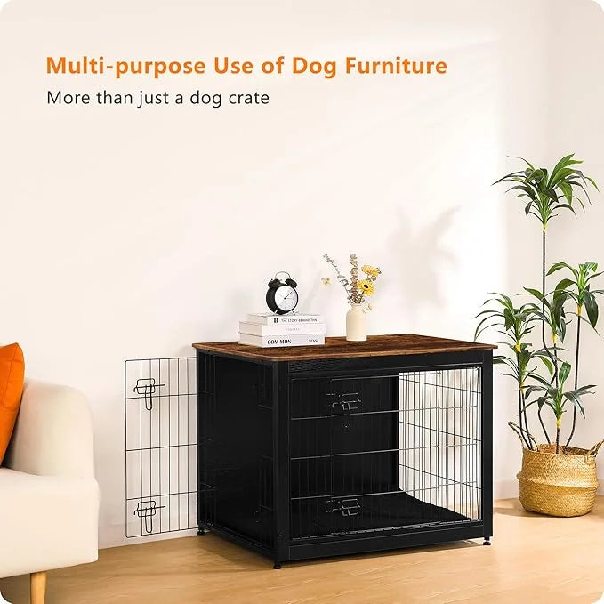 DWANTON Dog Crate Furniture with Cushion, Wooden Kennel Table with Double Doors, Indoor Dog House, Large Size, 38.5" L, Bl...