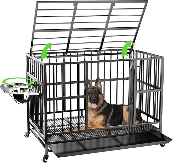 LOVMOR 48" Heavy-Duty Dog Crate with Wheels, Air-Lift Top, Dual 360° Adjustable Bowls – Ideal for Large Dogs - Product Image