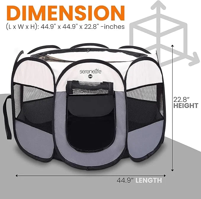 SereneLife On-The-Go Foldable Portable Pet Tent 8-Panel Playpen for Dog & Cat w/Food/Water Bowl, Mesh Exercise Puppy Playg...