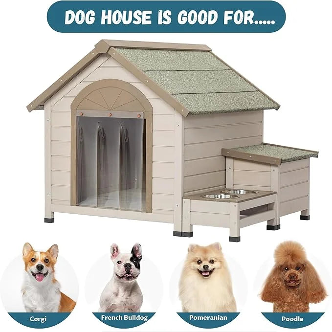 NicBex Dog Houses for Small Medium Large Dogs with Open Roof,Storage Box,2 Feeding Bowls Outdoor & Indoor,Wooden Puppy She...