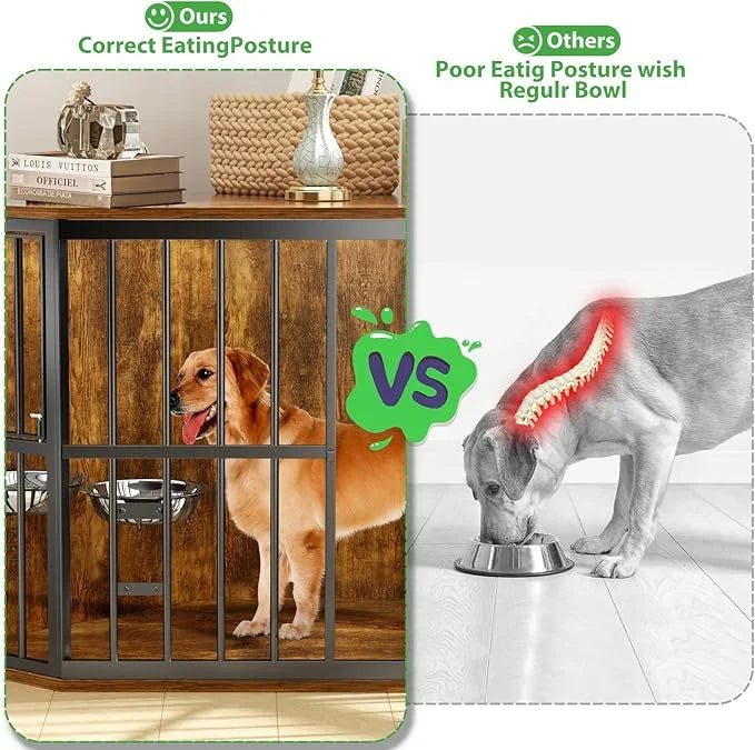 Large Dog Crate Furniture, 53โ Heavy Duty Corner Dog Crate with 2 Stainless Steel Bowls, Dog Kennel Furniture Style House,...