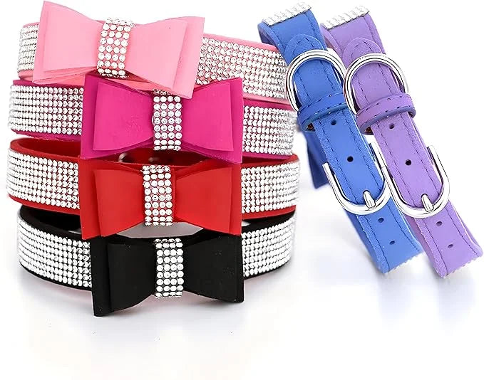 Diamond Large Dog Collar Girl, Rhinestone Dog Collar with Bow tie, Female Cat Collars Crystal Jeweled Bling Sparkling Glit...