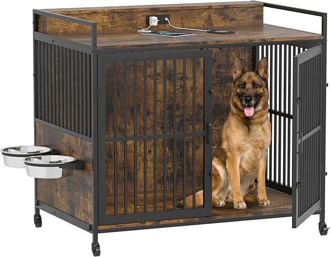 Piskyet 48" Large Dog Crate Furniture, Indoor Dog Kennel Furniture with 4 in 1 Charge Station, Heavy Duty Dog Crate Table ...