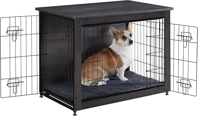 DWANTON Dog Crate Furniture with Cushion, Wooden Kennel Table with Double Doors, Indoor Dog House, Medium Size, 32.5" L, D...