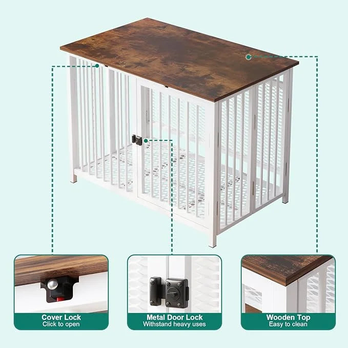 Heavy Duty Dog Crate Furniture, Fully Assembled exc. Locks, All Metal Frame & Wooden Tabletop, Modern Kennel for Small/Med...