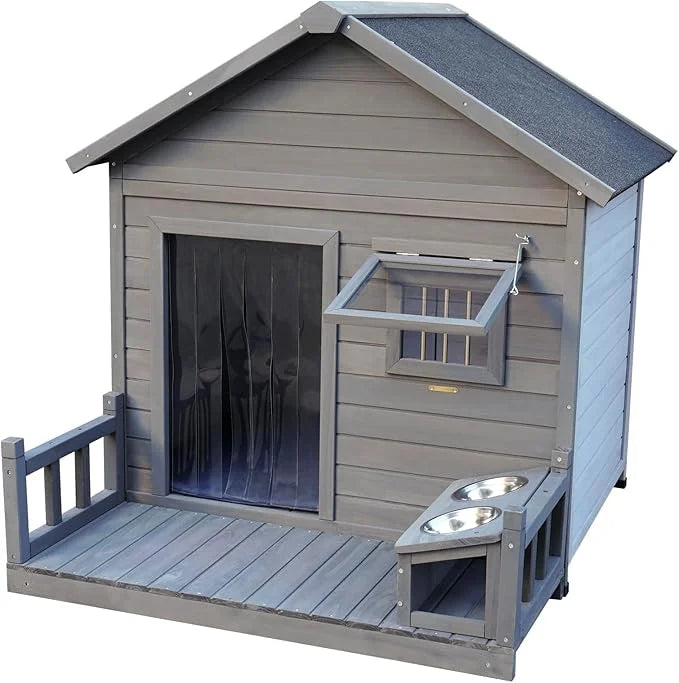 Outdoor Large Dogs House with Spacious Terrace,Open Waterproof Asphalt Roof Dog Kennel W/Breathable Window & 2 Feeding Sta...