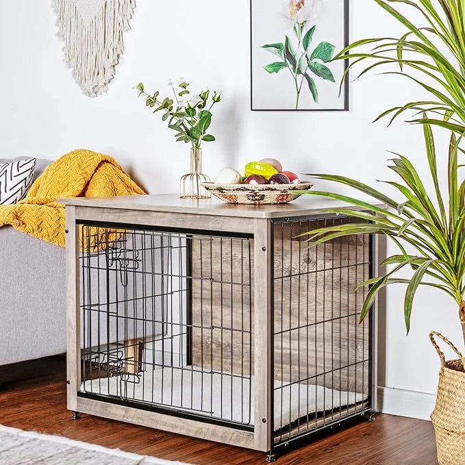 DWANTON Dog Crate Furniture with Cushion, Wooden Kennel Table with Double Doors, Indoor Dog House, Medium Size, 32.5" L, G...