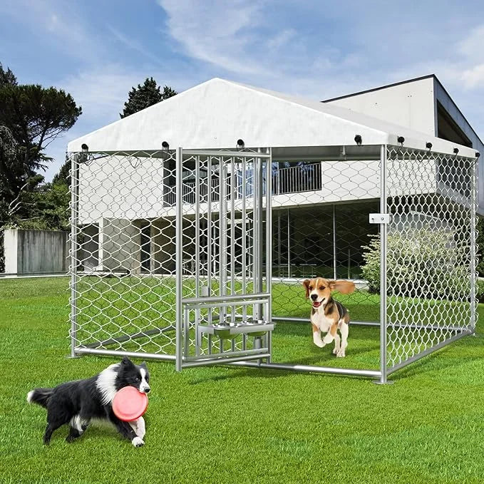 6.7 x 6.7 ft Dog Kennel Outside - Outdoor Dog Kennel with Roof, Heavy Duty Outdoor Dog Kennel with Rotating Feeding Bowls,...