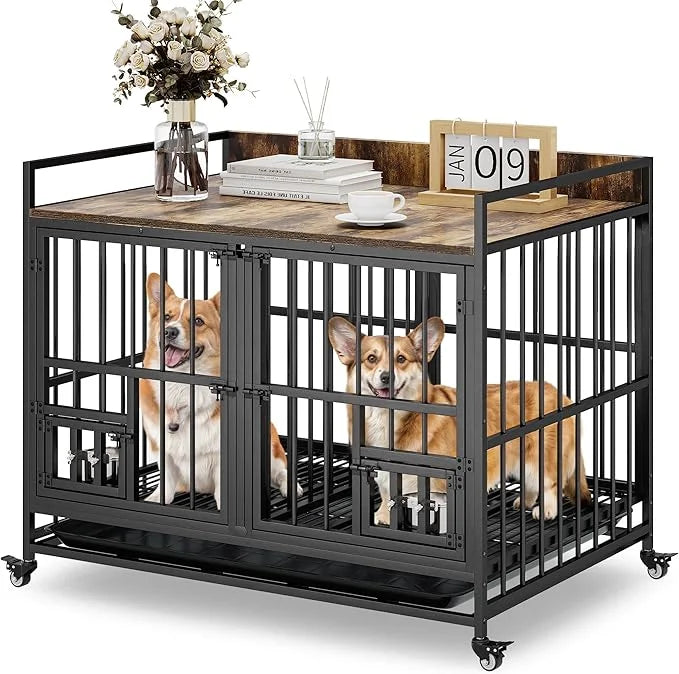 YITAHOME 37.5'' Heavy Duty Dog Crate with Removable Divider, Double Doors & Locks Design, Furniture Style Large Dog Crate ...