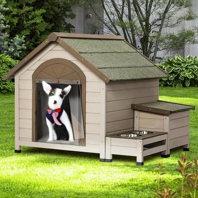 NicBex Dog Houses for Small Medium Large Dogs with Open Roof,Storage Box,2 Feeding Bowls Outdoor & Indoor,Wooden Puppy She...