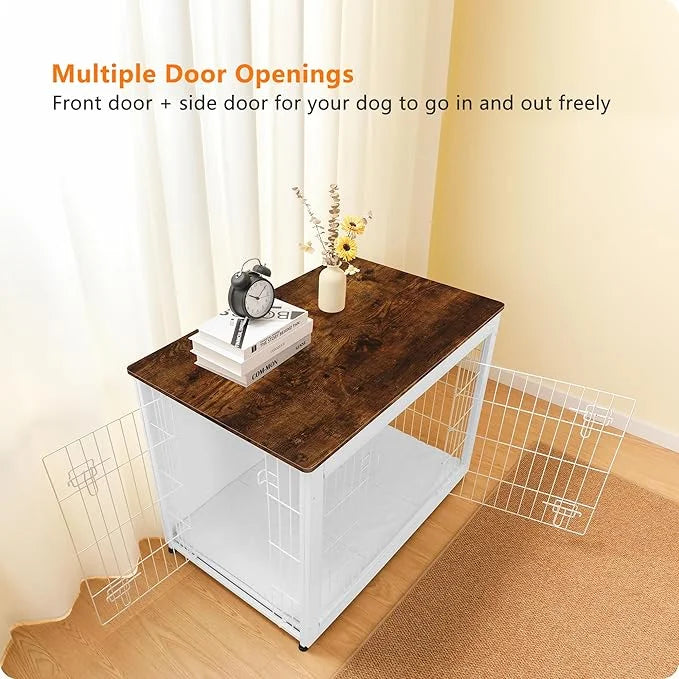 DWANTON Dog Crate Furniture with Cushion, Wooden Kennel Table with Double Doors, Indoor Dog House, Large Size, 38.5" L, Wh...