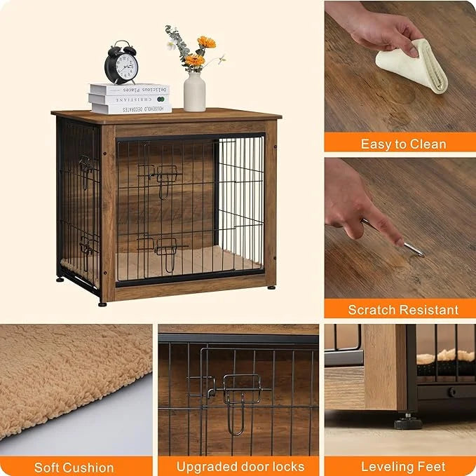 DWANTON Dog Crate Furniture with Cushion, Wooden Kennel Table with Double Doors, Indoor Dog House, Small/Medium/Large Size...