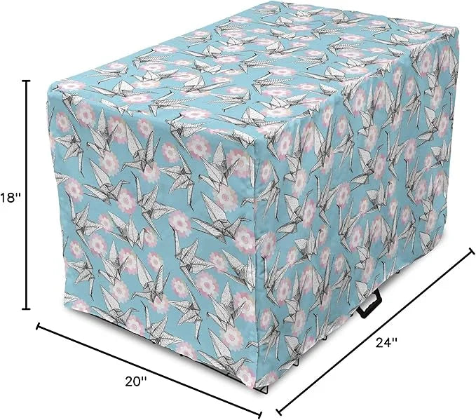 Lunarable Origami Dog Crate Cover, Japanese Tradition Paper Cranes and Cherry Blossom Petals Spring, Easy to Use Pet Kenne...