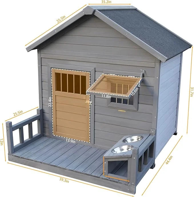 Open Waterproof Asphalt Roof Large Dogs House with Spacious Terrace,Outdoor Dog Kennel W/Small Wooden Door,Breathable Wind...