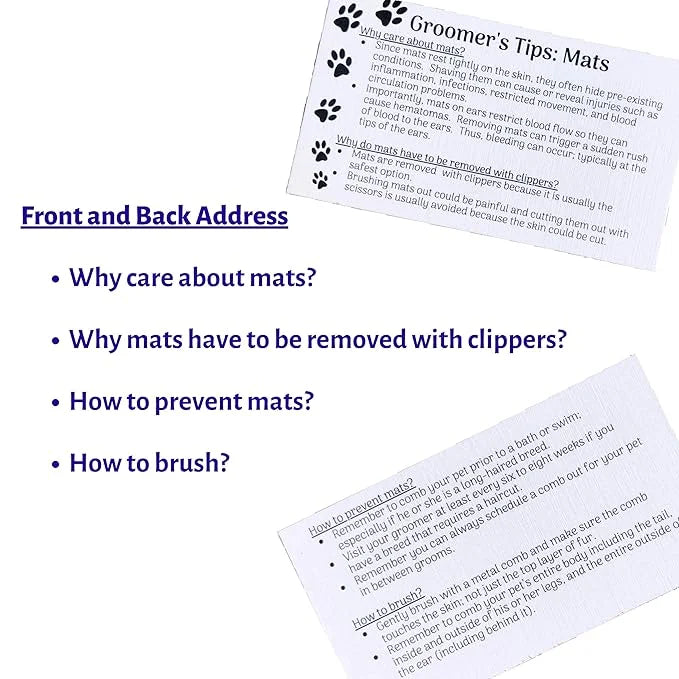 Dog Groomer Matted Fur and Dog Brushing Care Cards (100 pack, 3.5" X 2") Addresses hematomas, mats, combing, and shaving m...