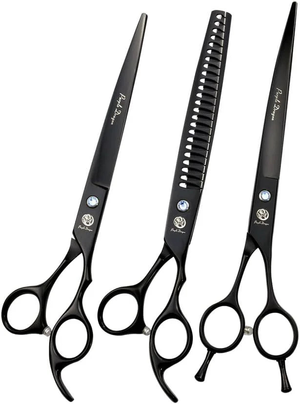 Purple Dragon 8.0 inch Professional Dog Grooming Hair Cutting Scissor &Curved Scissor&Chunker Shear Kit with Bag - for Pet...