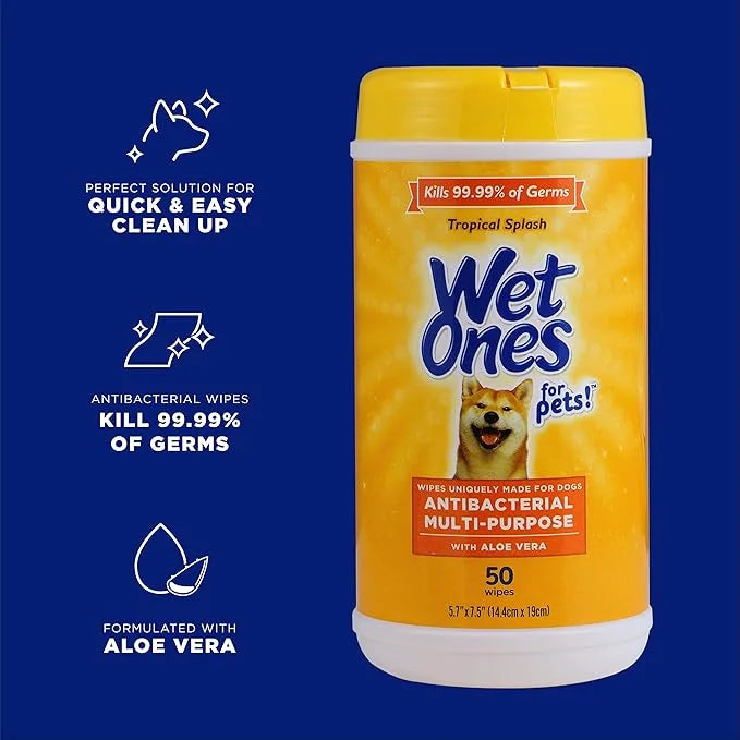 Wet Ones for Pets Multi-Purpose Dog Wipes with Aloe Vera, 50 Count - 12 Pack | Dog Wipes for All Dogs in Tropical Splash, ...