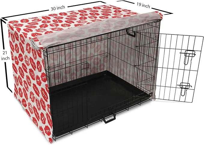 Lunarable Kiss Dog Crate Cover, Rhythmic Make up Red Luscious Lips Lipstick Imprint Illustration, Easy to Use Pet Kennel C...