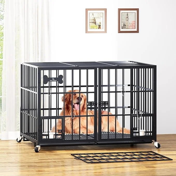 aboxoo 42/48 inch Heavy Duty Metal Dog Crate for 2 Dogs/Large Dog,All Metal Open Top Stackable,Dog Kennel Indoor with Whee...