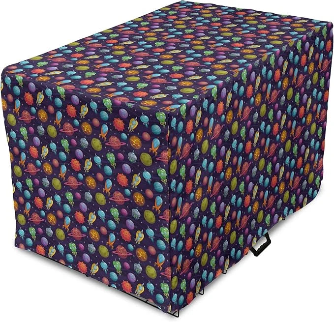 Lunarable Outer Space Dog Crate Cover, Cartoon Planets and Space Ships with Space Background Fun Science, Easy to Use Pet ...