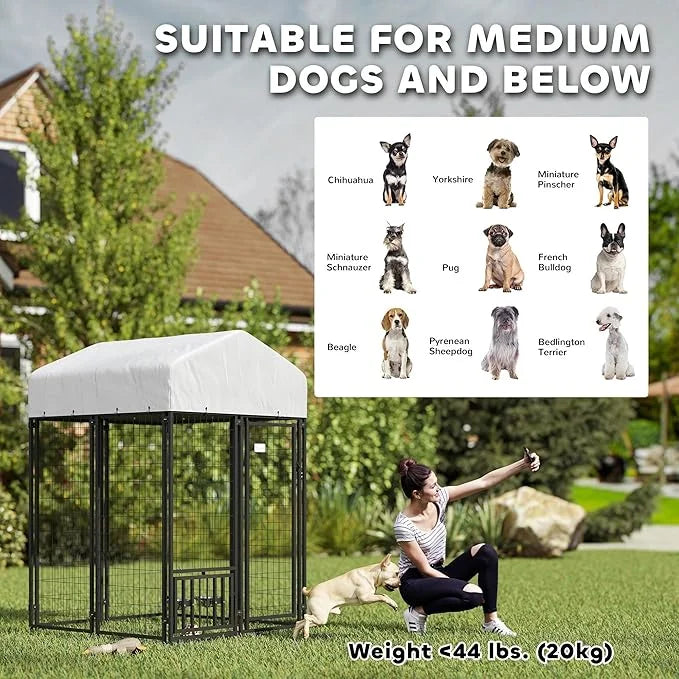 PawHut 3.9' x 3.9' x 6' Outdoor Dog Kennel, Welded Wire Heavy Duty Dog Run with 360° Rotating & 4 Level Adjustable Bowls, ...