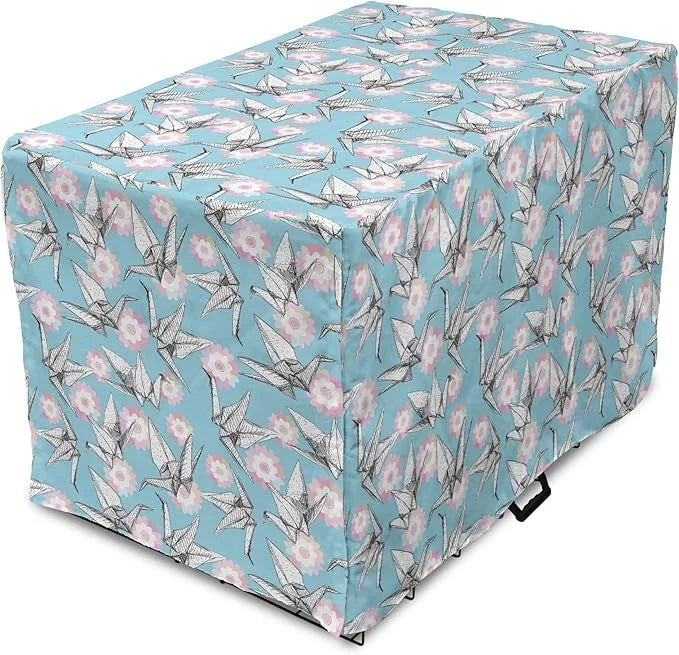 Lunarable Origami Dog Crate Cover, Japanese Tradition Paper Cranes and Cherry Blossom Petals Spring, Easy to Use Pet Kenne...