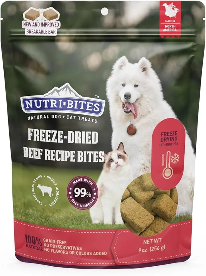Nutri Bites Freeze Dried Beef Recipe Dog & Cat Treats, 9oz | Healthy Pet Training Treats or Food Topper | All Natural, Sin...