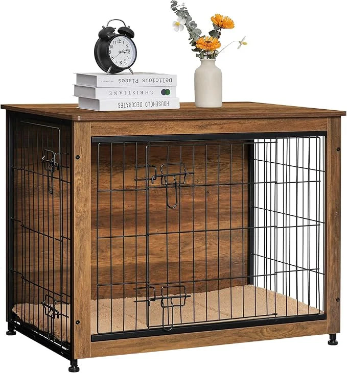 DWANTON Dog Crate Furniture with Cushion, Wooden Kennel Table with Double Doors, Indoor Dog House, Medium Size, 32.5" L, W...