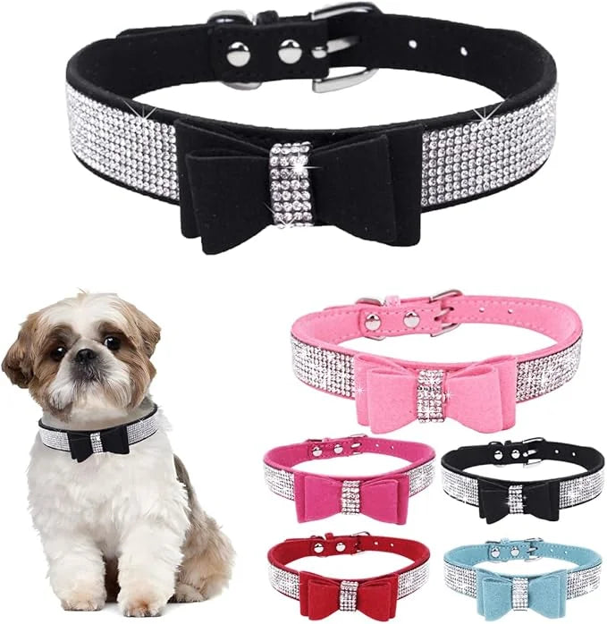 Diamond Large Dog Collar Girl, Rhinestone Dog Collar with Bow tie, Female Cat Collars Crystal Jeweled Bling Sparkling Glit...