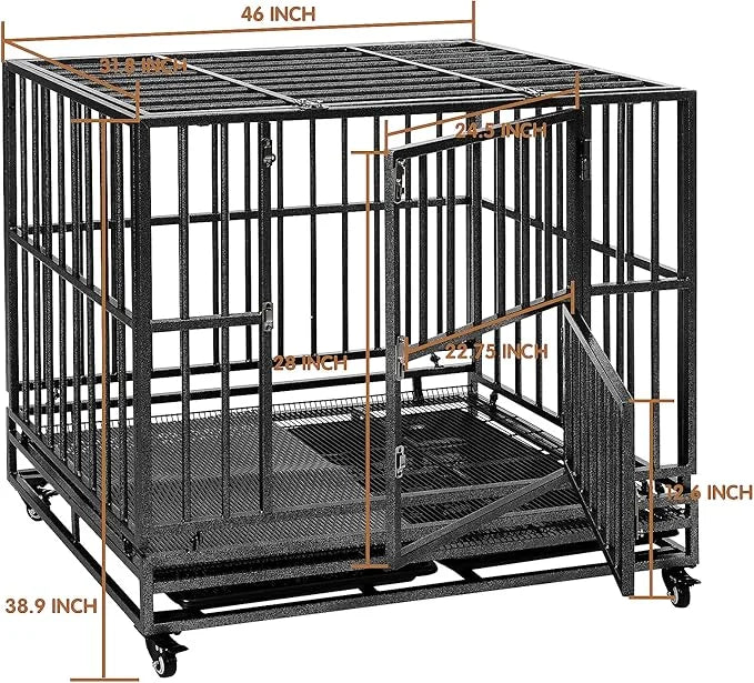 Heavy Duty Extra Large Dog Crate with Wheels - Indestructible 42/46 Inch Chew-Proof, Escape-Proof Kennel for High-Anxiety ...