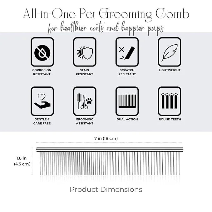 Flexzion Pet Grooming Comb Stainless Steel Cats Dogs Puppy Medium Animals Hair Trimmer Brush Accessory Tool with Smooth Te...