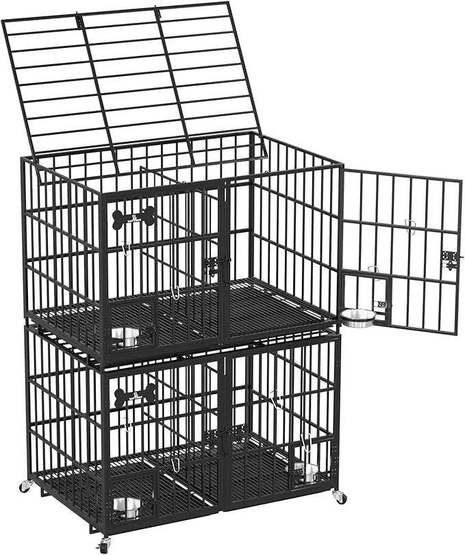 Dosker 48/42 inch Stackable Heavy Duty Metal Dog Crate for 4 Dogs/Large Dog,All Metal Open Top Access,Escape Proof Cage,Do...