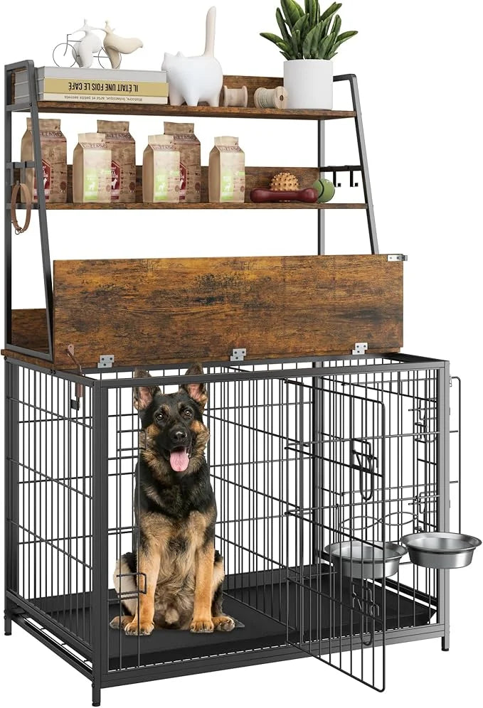 Dog Crate Furniture, 57 Inch Dog Kennel Furniture with Storage Shelves and Removable Tray, Indoor Dog House with 2 Doors a...