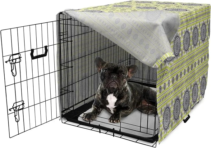 Lunarable Bohemian Mandala Dog Crate Cover, Floral Sun Motif on Brush Drawn Stripes with Dots, Easy to Use Pet Kennel Cove...