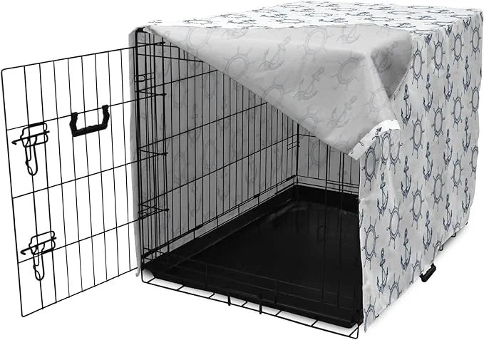Lunarable Nautical Dog Crate Cover, Marine Elements Anchor Ship Wheel Wind Rose Sailing into The Ocean Theme, Easy to Use ...
