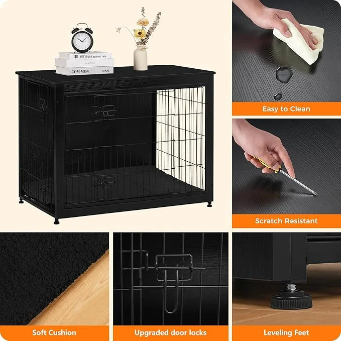 DWANTON Dog Crate Furniture with Cushion, Wooden Kennel Table with Double Doors, Indoor Dog House, Large Size, 38.5" L, Bl...