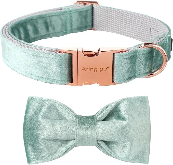 ARING PET Velvet Dog Collars with Bow tie, Dog Bowtie Collar, Adjustable Green Dog Collar,Large. - Product Image