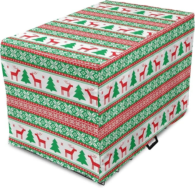 Ambesonne Christmas Dog Crate Cover, Knit Style Graphic Reindeer Star and Snowflake Holiday Family Theme, Easy to Use Pet ...