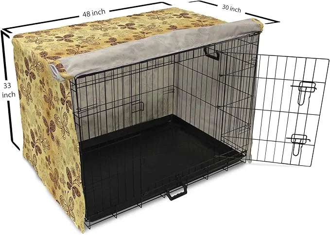 Lunarable Yellow and Brown Dog Crate Cover, Butterflies with Lace Style Ornament Spring Season Beauty Nature Print, Easy t...