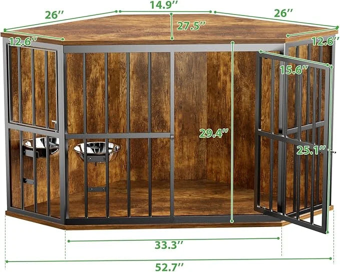 Large Dog Crate Furniture, 53โ Heavy Duty Corner Dog Crate with 2 Stainless Steel Bowls, Dog Kennel Furniture Style House,...