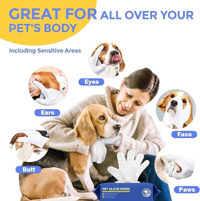 Pet Cleaning Glove Wipes for Dogs & Cats, Hypoallergenic Deodorizing Disposable No-Rinse Grooming Wipes, Wipes, Perfect fo...