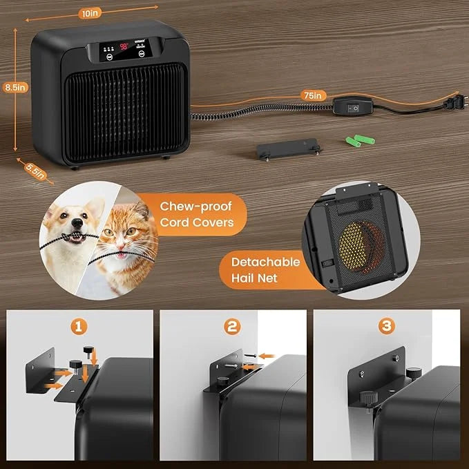 600W Dog House Heater, Pet House Heater w Timer Setting (2 4 8 H) Dog Heater for Outside Winter, Electric Heater for Lives...