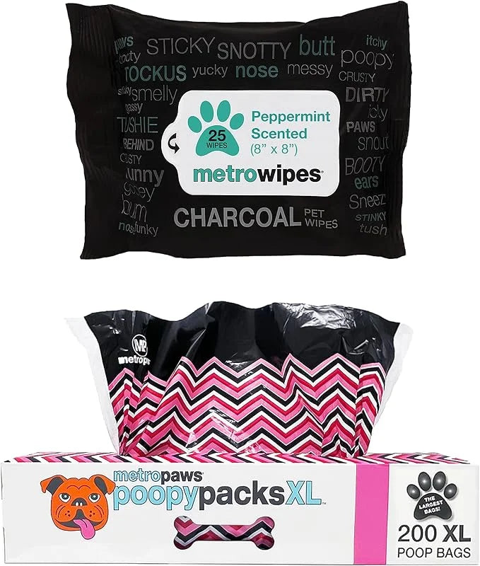 MetroPaws Peppermint Dog Wipes, 25 Extra Large, Thick Cleaning Wipes & Waste Packs XL - 200 Extra Large Dog Bags, Leakproo...