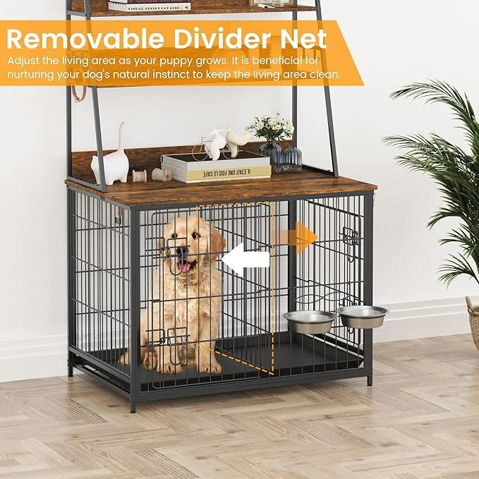 Dog Crate Furniture, 57 Inch Dog Kennel Furniture with Storage Shelves and Removable Tray, Indoor Dog House with 2 Doors a...