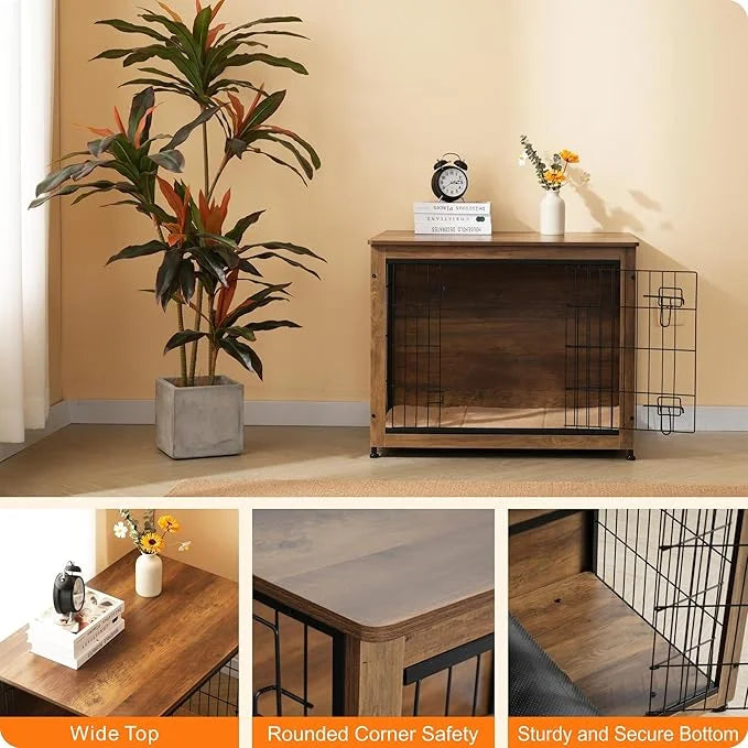 DWANTON Dog Crate Furniture with Cushion, Wooden Kennel Table with Double Doors, Indoor Dog House, Medium Size, 32.5" L, W...